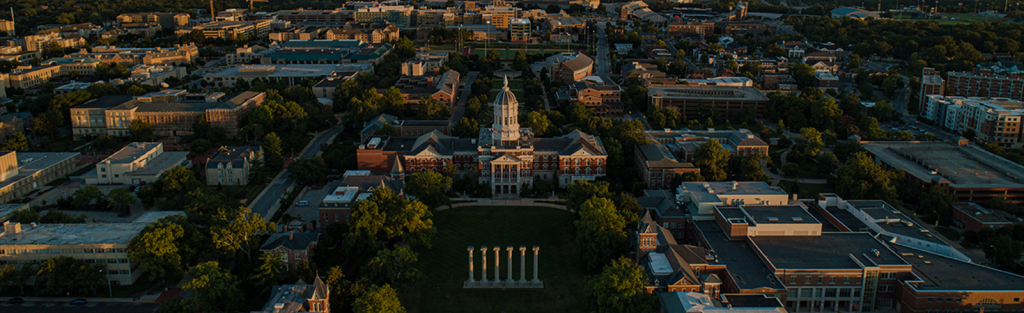 aerial view of Jesse Hall and the quad